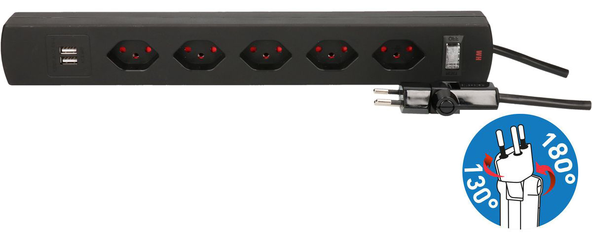 Steckdosenleiste Safety, 5 x T13 quer, 2 x USB-Charger