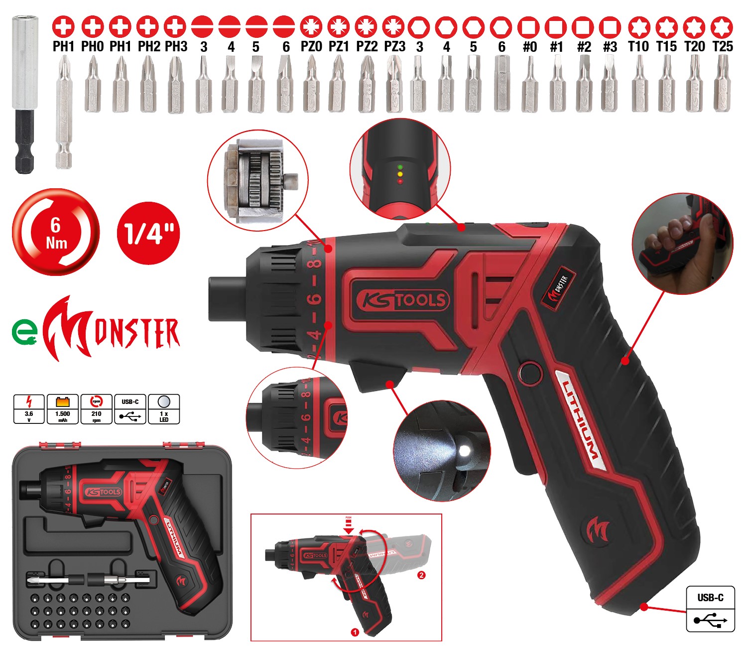 Akku-Bit-Schrauber-Satz eMONSTER 1/4", 27-tlg KS-TOOLS 515.6500