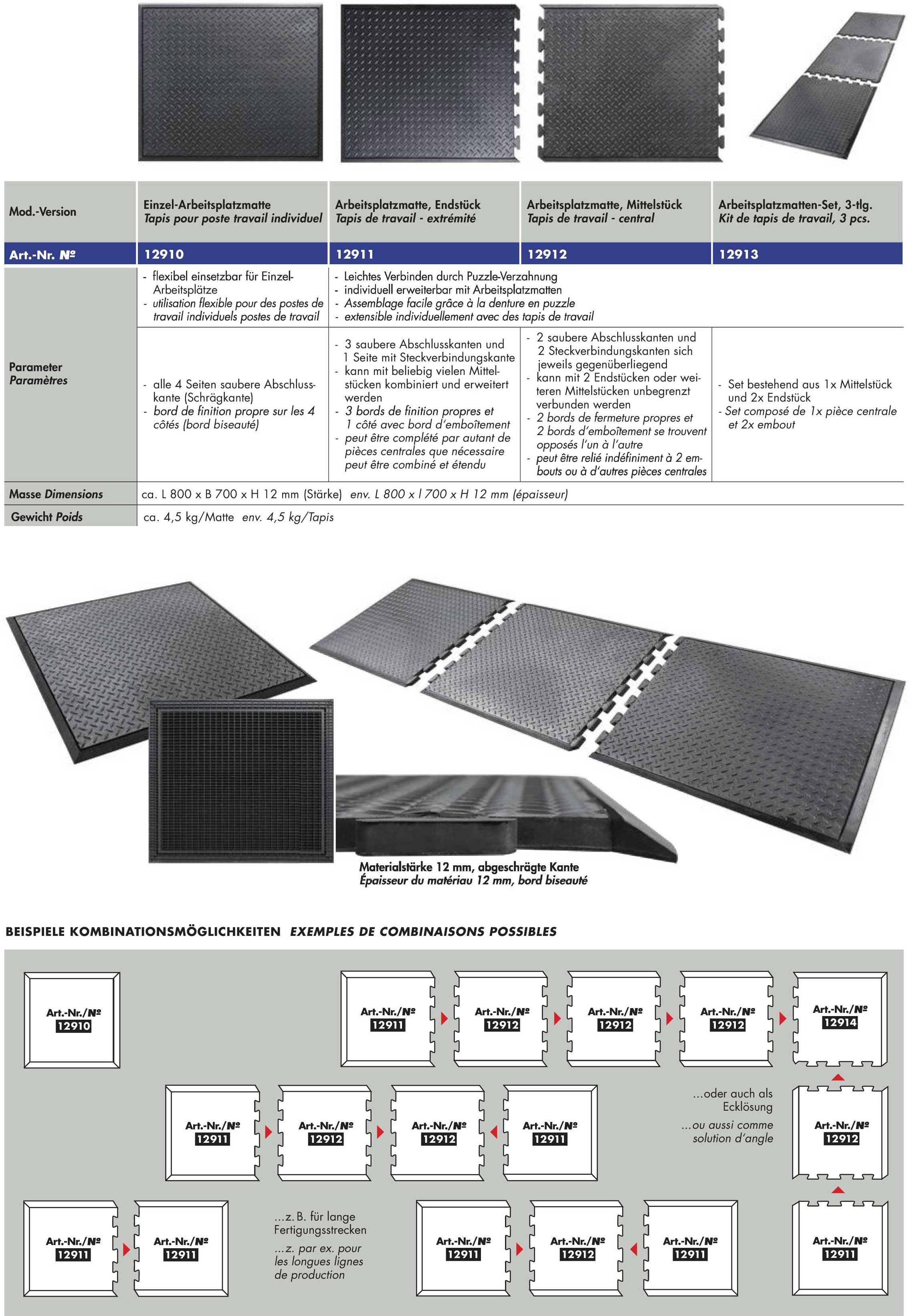 Arbeitsplatzmatte METEC 800 x 700 x 12 mm, abgeschrägte Kante 12910 12911 12912 12913 Kombinationsmöglichkeiten