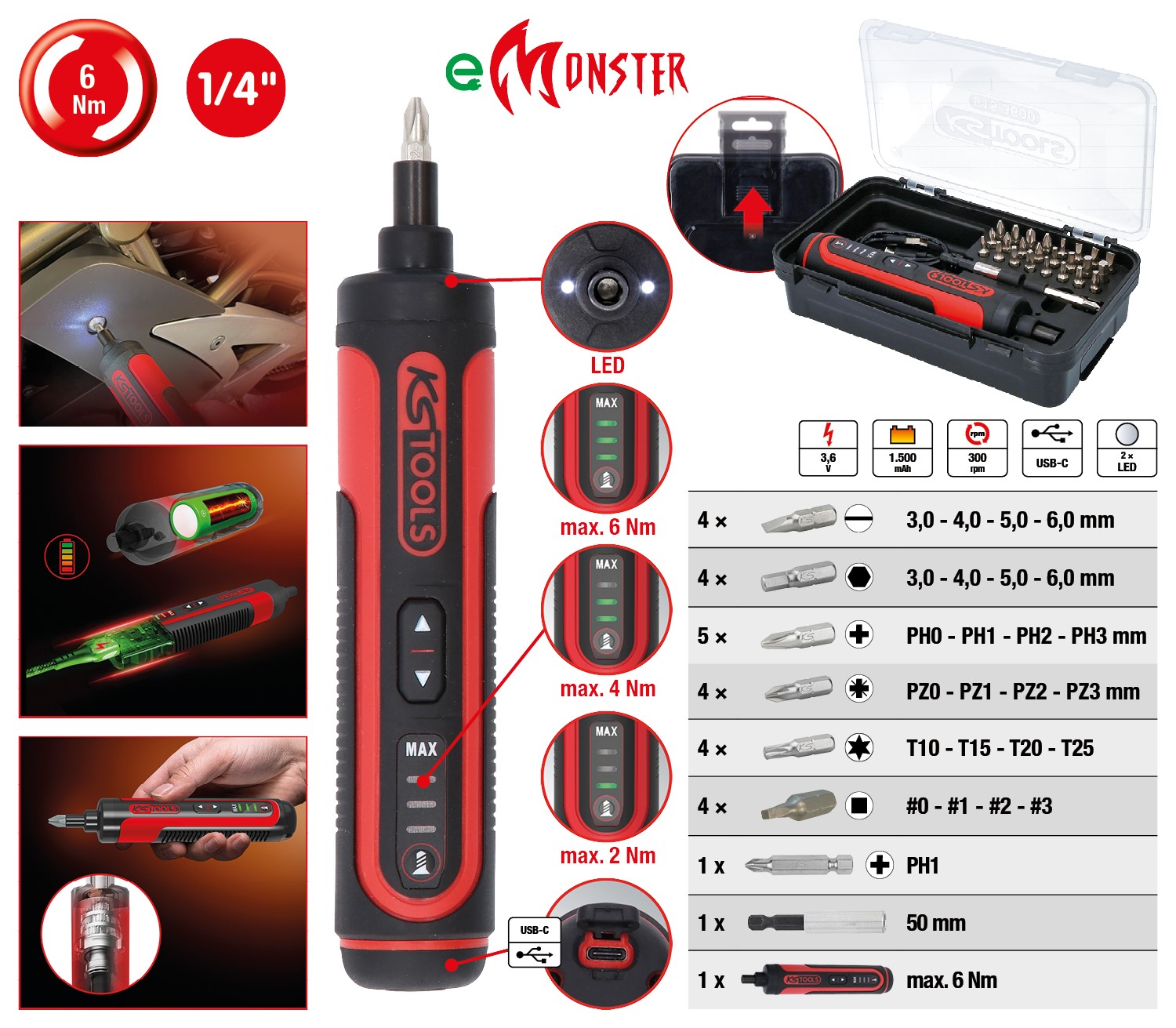 Akku-Bit-Stabschrauber-Satz eMONSTER 1/4", 27-tlg KS-TOOLS 515.3600