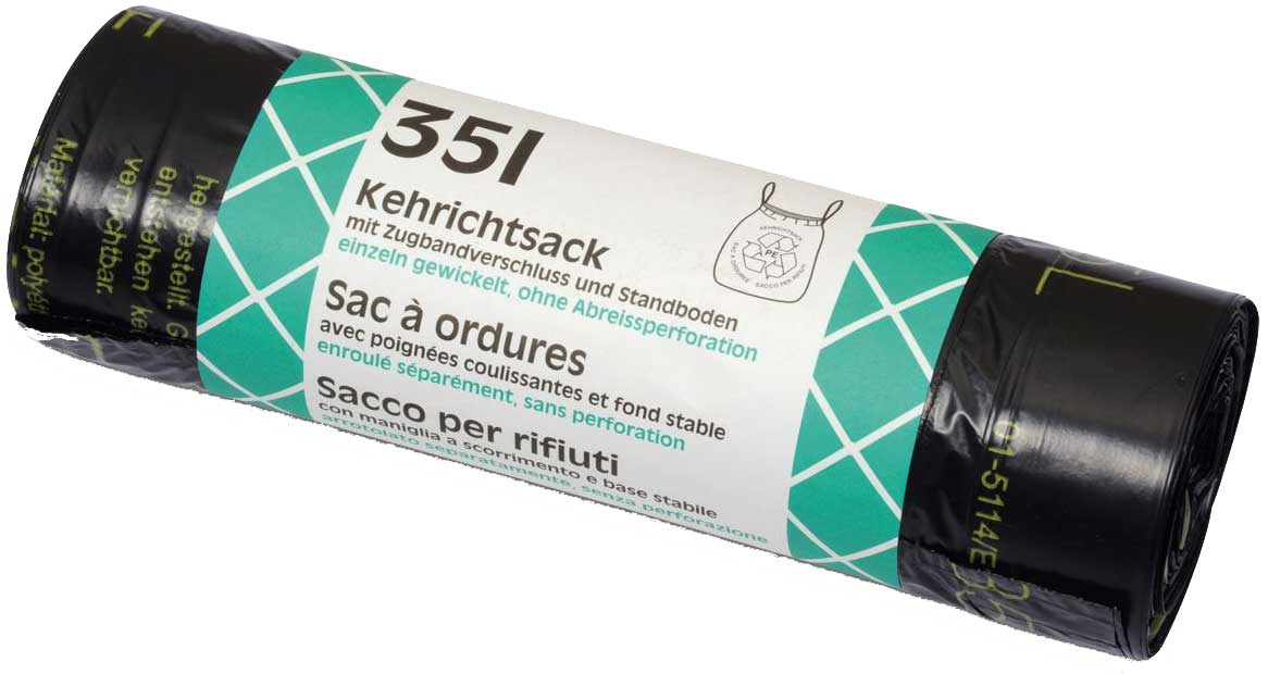 Kehrichtsäcke 35L Quick-Bag mit Standboden und Zugbandverschluss, Karton à 20 Rollen
