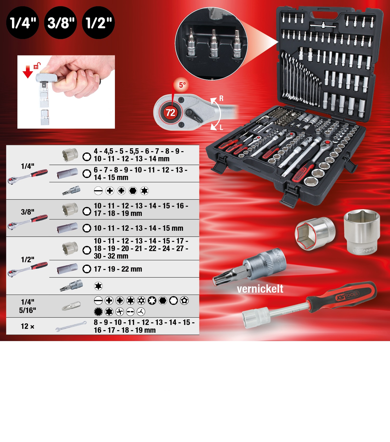 Steckschlüssel-Satz KS TOOLS CLASSIC 1/4"+3/8"+1/2", 216-tlg 917.0216