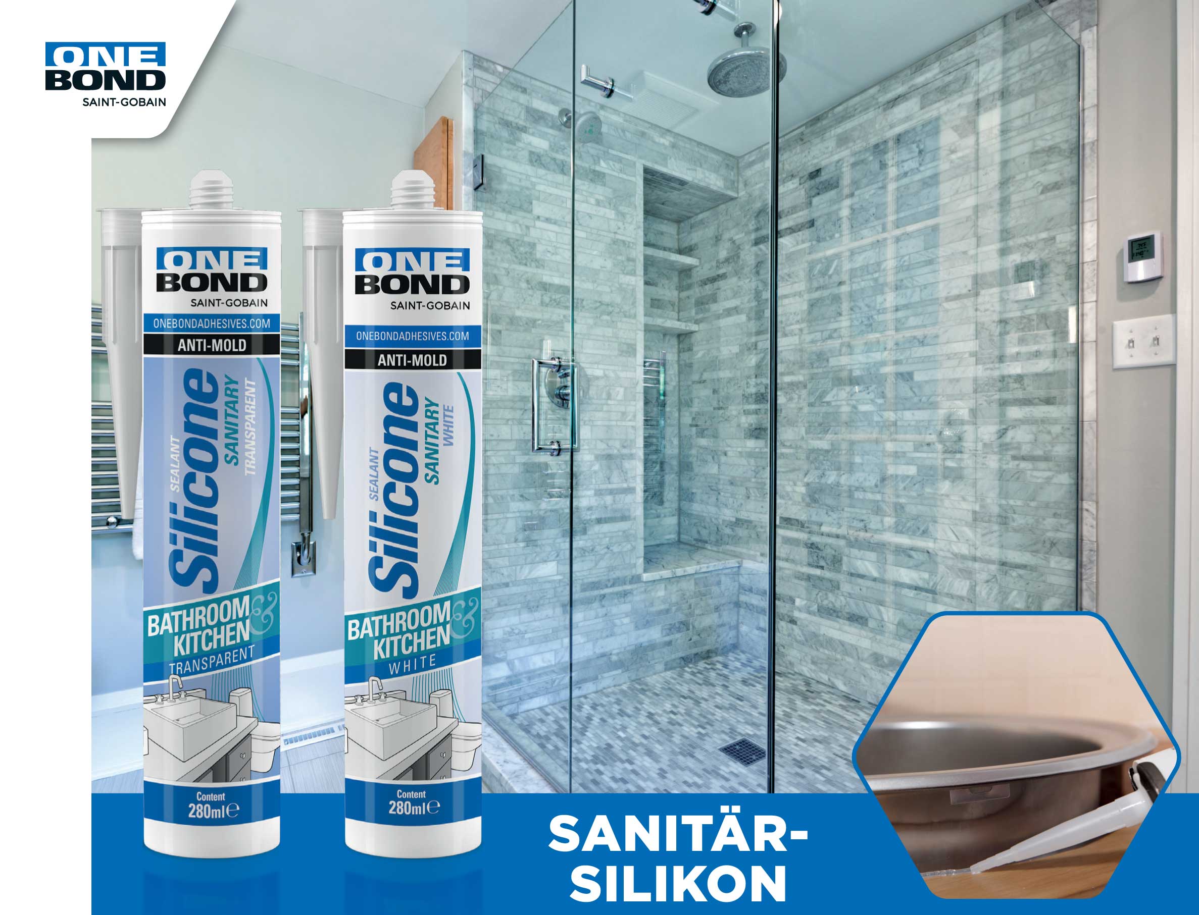 Sanitärsilikon OneBond Premium Schimmelresistent, Kartusche à 280 ml