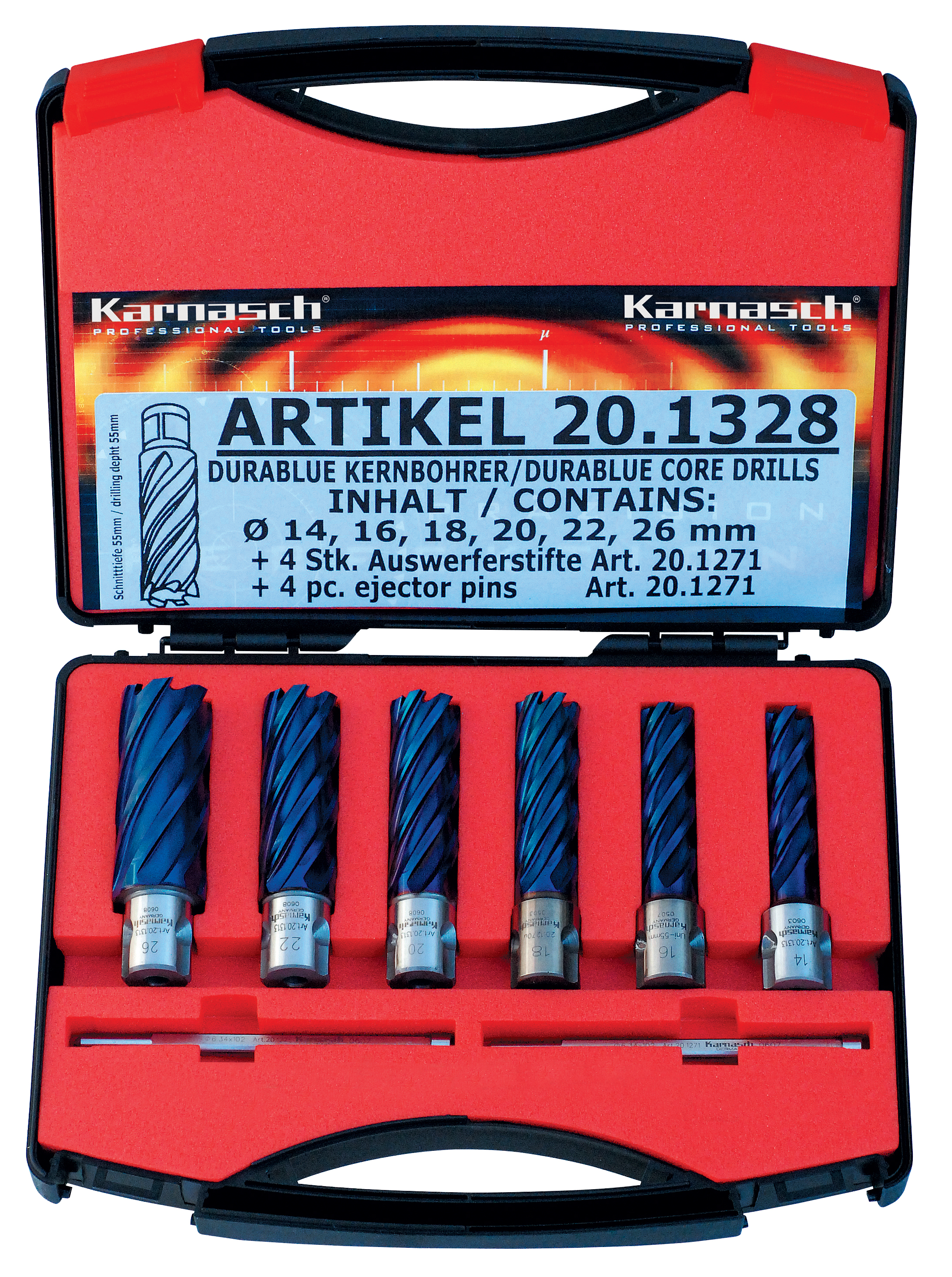 Kernbohrer HSS-XE Durablue BASIC-Set, Schnitttiefe 55 mm, Weldon 19
